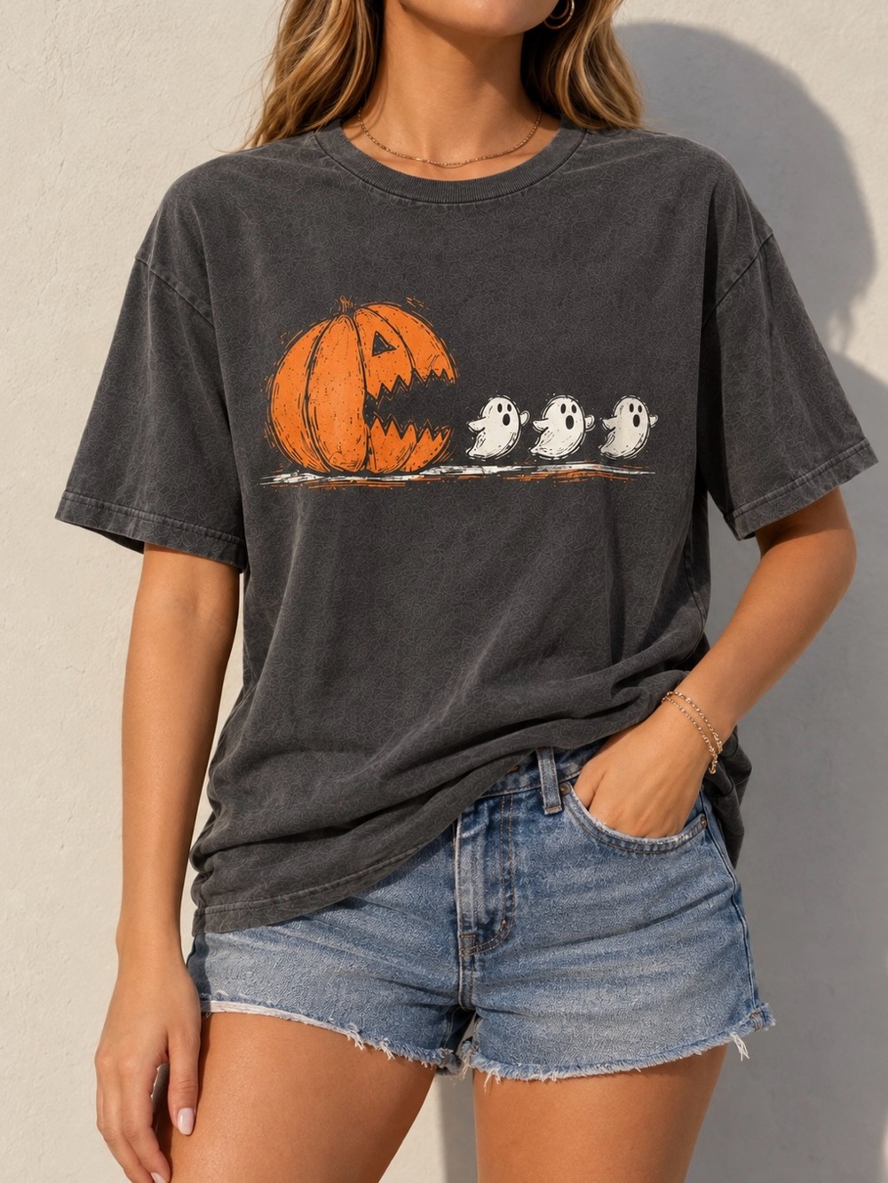 Charcoal Pacman Pumpkin Ghost Spooky Fall Aesthetic Womens Reprint Tee Shirt